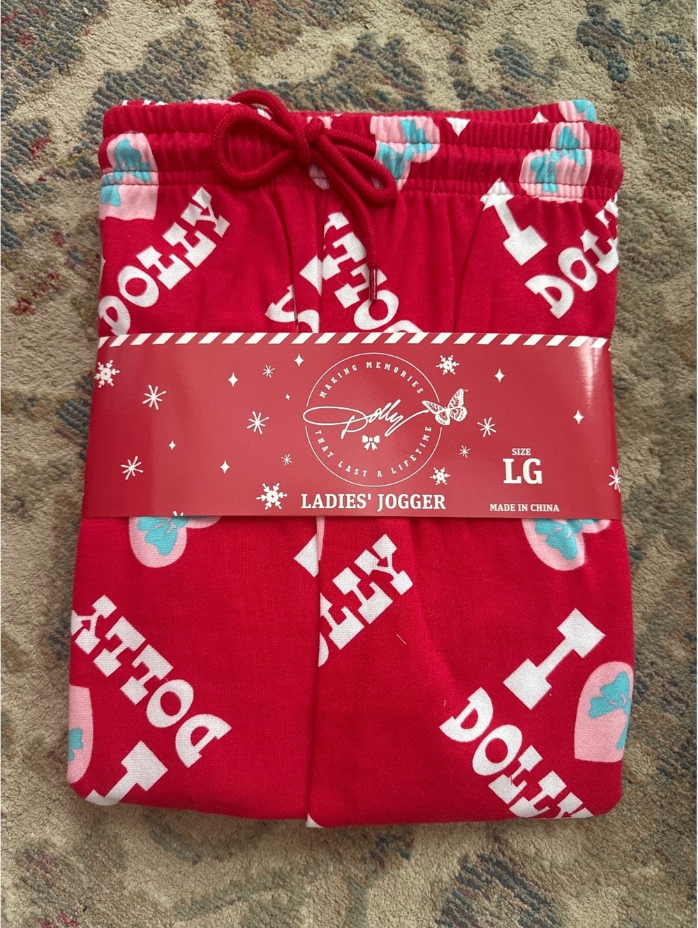 Dolly Parton Ladies' Jogger Pants Size LG Red with Heart and Bow Print